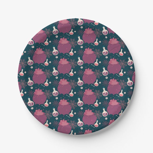 Raspberry Pink cauldrons halloween   Paper Plates (Front)