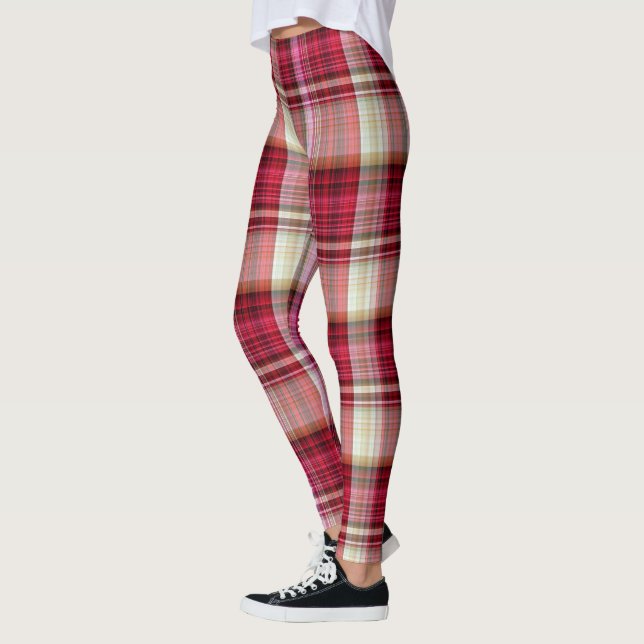 Raspberry Pink Cream & Red Large Tartan Plaid Leggings (Left)