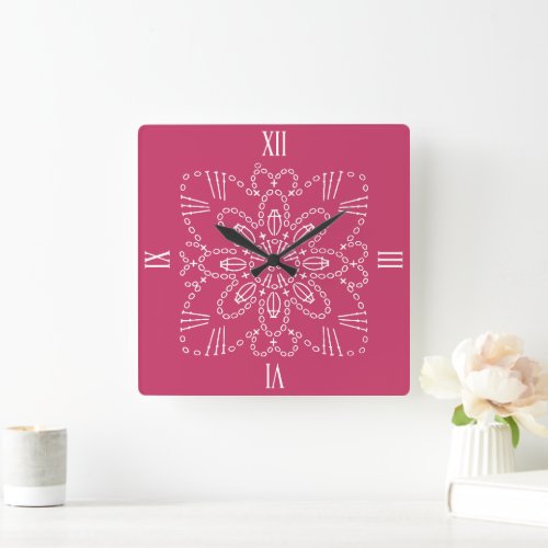 Raspberry Pink Crochet Chart Square Wall Clock