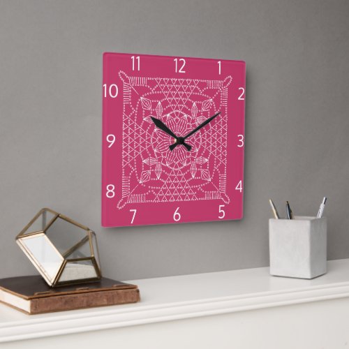 Raspberry Pink Crochet Chart Square Wall Clock