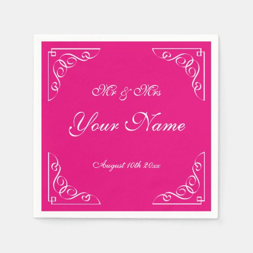 Raspberry pink elegant border wedding party napkin