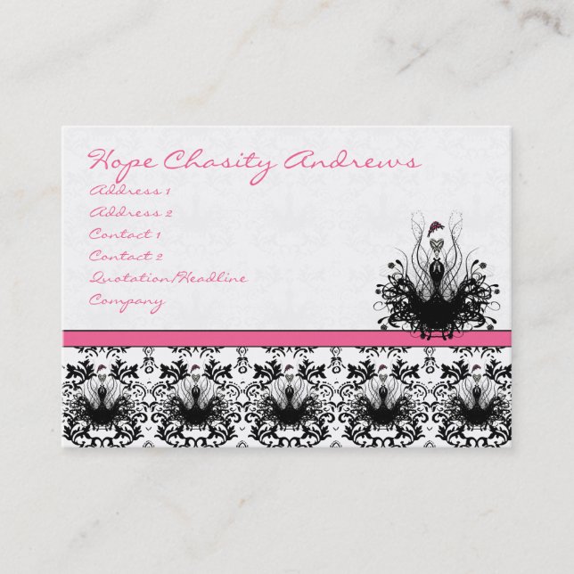 Raspberry Pink Fashion Diva Damask Business Card (Front)