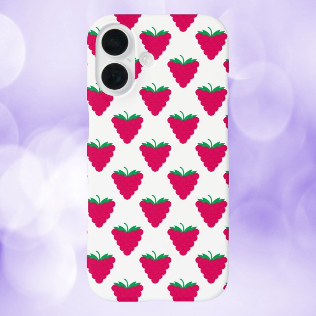 Raspberry Pink Fruit Berry Pattern Iphone Case (A phone case with a pattern of pink raspberries with green stems.)