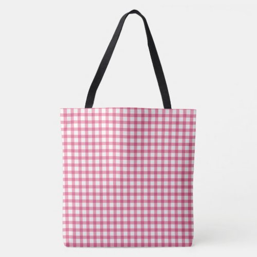 Raspberry Pink Gingham Plaid Checked Pattern Tote Bag