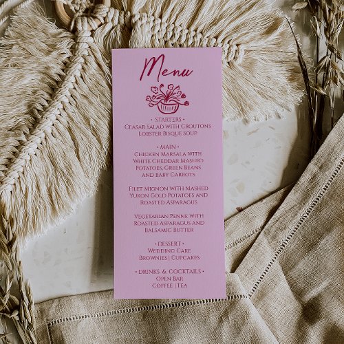Raspberry Pink Hand Drawn Floral Wedding Menu 