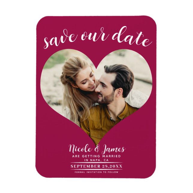 Raspberry Pink Heart Photo Wedding Save the Date Magnet (Vertical)