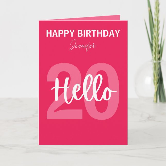 Raspberry Pink Hello 20 Personalized Birthday  Card (Front)