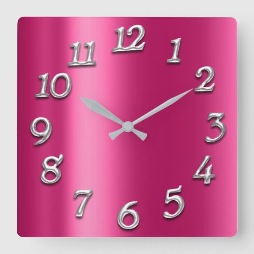 Raspberry Pink Metallic Minimal Silver Fuchsia Square Wall Clock