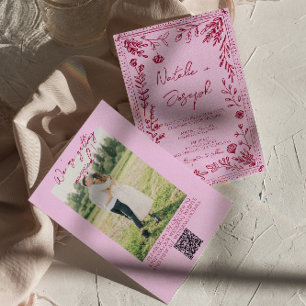 Raspberry Pink QR Code Drawn Floral Photo Wedding Invitation