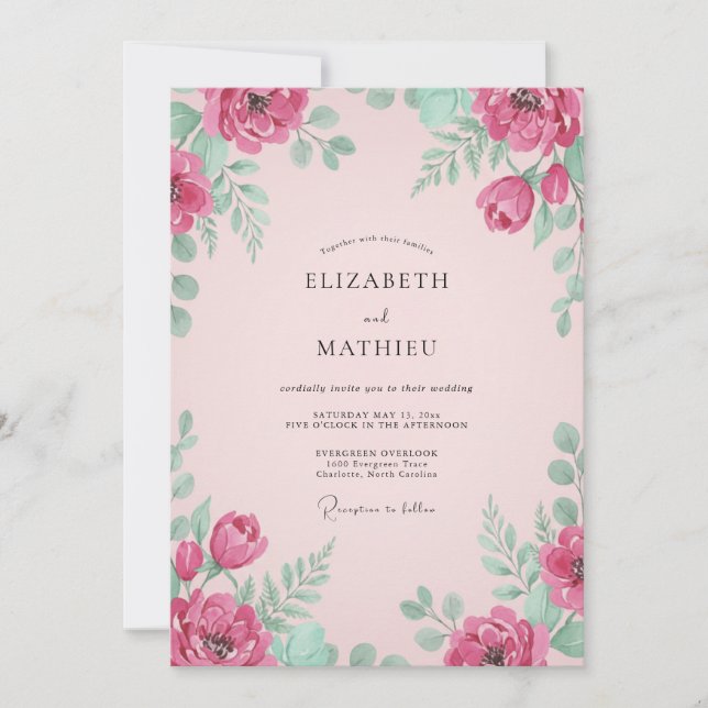 Raspberry Pink Radiant Botanical Wedding Invitation (Front)