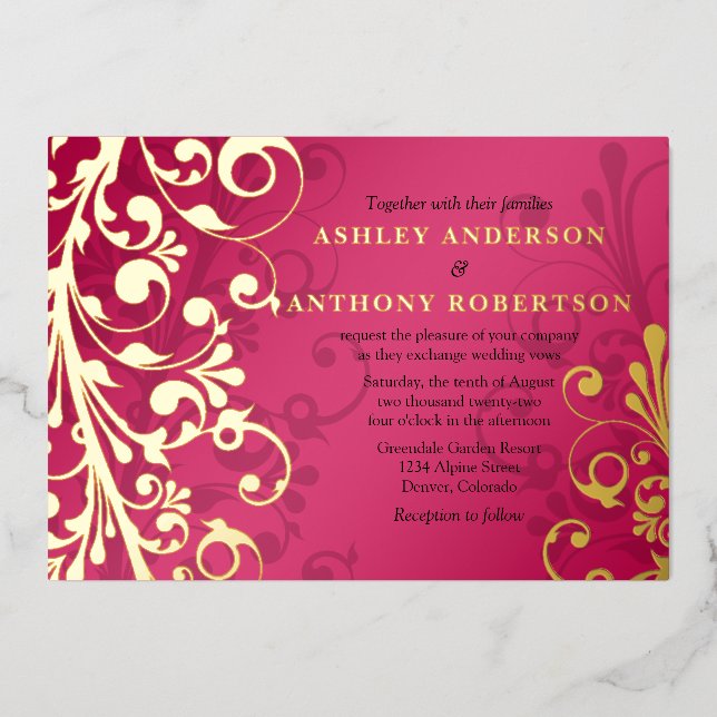 Raspberry Pink Real Gold Foil Floral Wedding Invitation (Front)