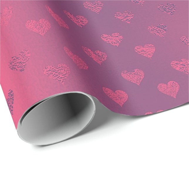 Raspberry Pink Red Metallic  Hearts  Bridal Shower Wrapping Paper (Roll Corner)