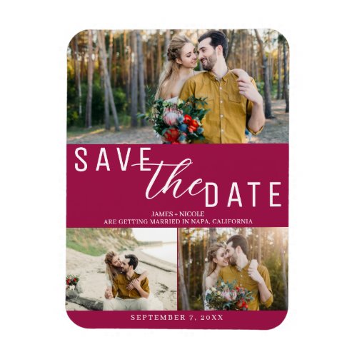 Raspberry Pink Save the Date Wedding 3 Photos Magnet