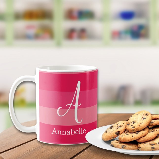 Raspberry Pink Stripes Custom Monogram Name  Coffee Mug (Creator Uploaded)