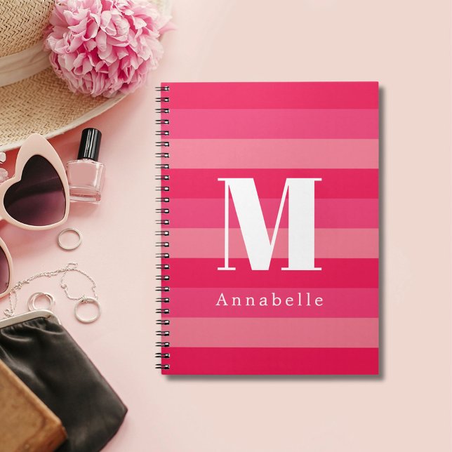 Raspberry Pink Stripes Custom Monogram Name  Notebook (Creator Uploaded)