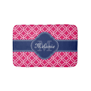 Raspberry Pink Wht Moroccan Pattern Navy Monogram Bath Mat