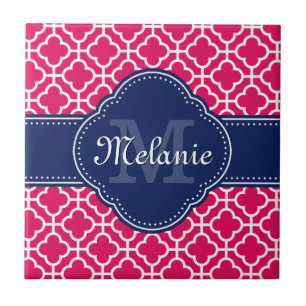 Raspberry Pink Wht Moroccan Pattern Navy Monogram Ceramic Tile