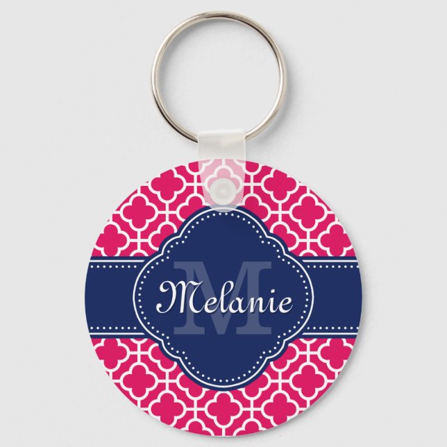 Raspberry Pink Wht Moroccan Pattern Navy Monogram Keychain (Front)