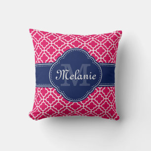 Raspberry Pink Wht Moroccan Pattern Navy Monogram Throw Pillow