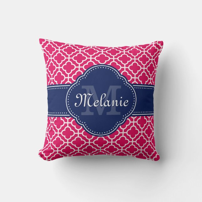 Raspberry Pink Wht Moroccan Pattern Navy Monogram Throw Pillow (Front)
