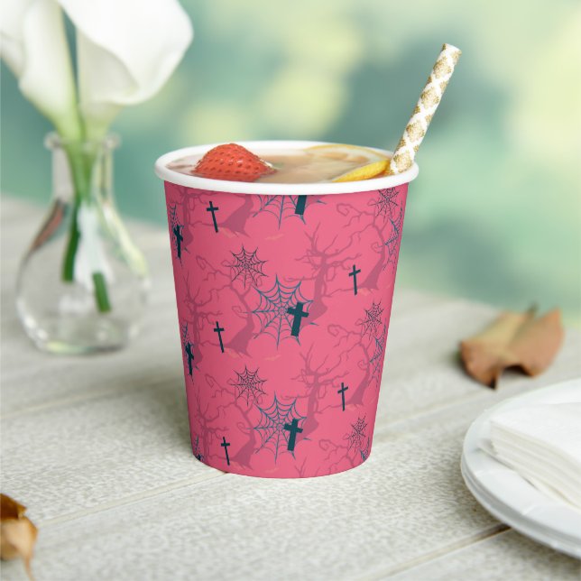 Raspberry Pink Witches Happy Halloween Paper Cups (Insitu)