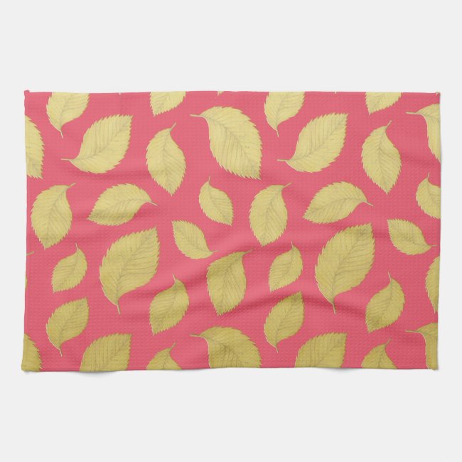 Raspberry Pink with Gold Leaves Kitchen towel