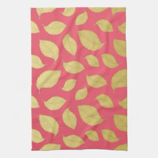 Raspberry Pink  with Gold Leaves Kitchen towel