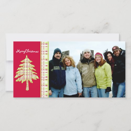 Raspberry Plaid Tree  Snowflake Merry Christmas Holiday Card
