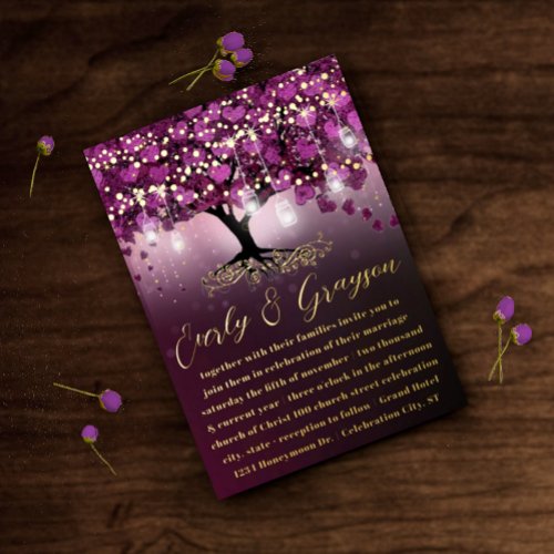 Raspberry Purple Heart Leaf Tree Gold Wedding  Foil Invitation