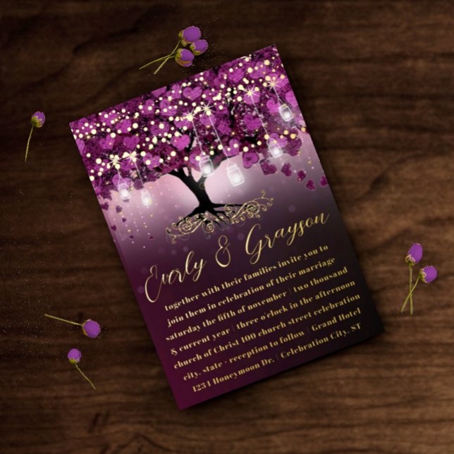 Raspberry Purple Heart Leaf Tree Gold Wedding  Foil Invitation (Creator Uploaded)
