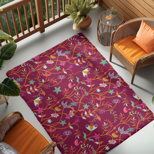 Raspberry Red Boho Flowering Branches Outdoor Rug | Zazzle