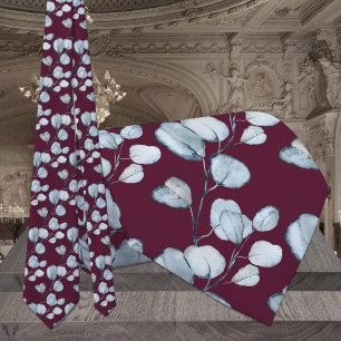 Raspberry Red Dusty Blue Eucalyptus Wedding Neck Tie