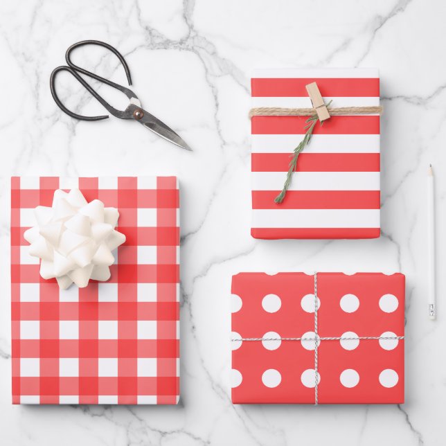 Raspberry Red White Gingham Dots Striped Matching  Wrapping Paper Sheets (Front)