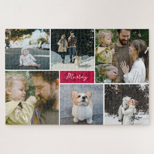 Raspberry Red Year  Family Name Photo Collage Jigsaw Puzzle