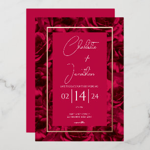 Raspberry Rose Garden Floral Wedding Gold Foil Invitation