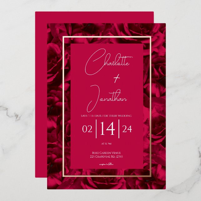 Raspberry Rose Garden Floral Wedding Gold Foil Invitation (Front/Back)