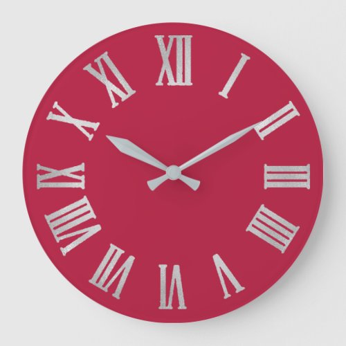 Raspberry Rose Silver Metallic Gray Roman Numbers Large Clock