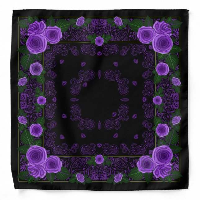 Raspberry Roses & Paisley Black Bandana (Front)