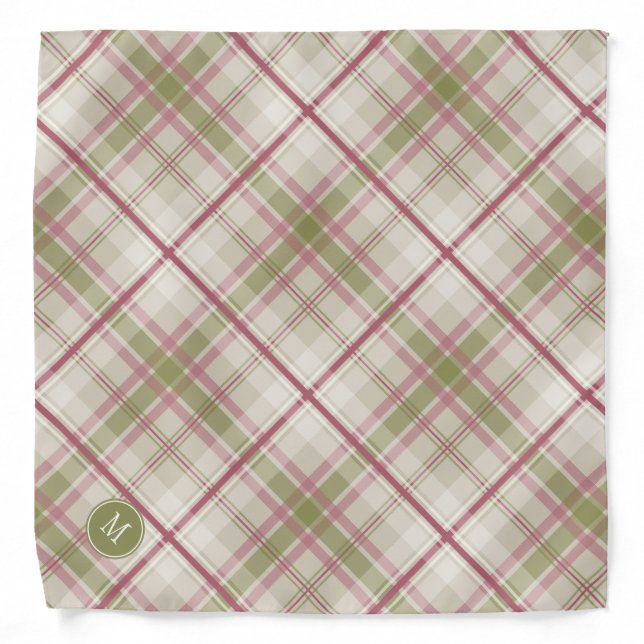 raspberry sage cream plaid pattern monogrammed bandana (Front)