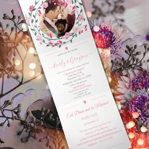 Raspberry Sorbet Pink Peony Floral Wedding Tri_Fol Tri_Fold Invitation