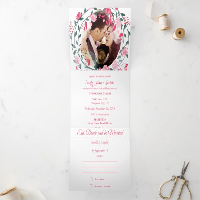 Raspberry Sorbet Pink Peony Floral Wedding Tri-Fold Invitation (Inside)