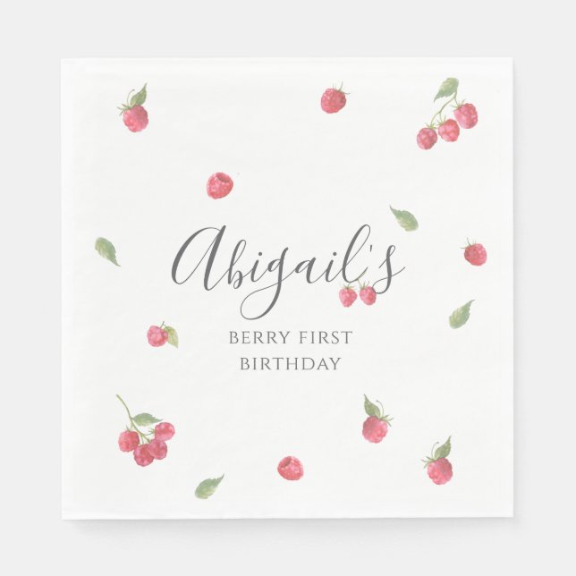 Raspberry Sweet Berry First Birthday Party Napkins (Front)