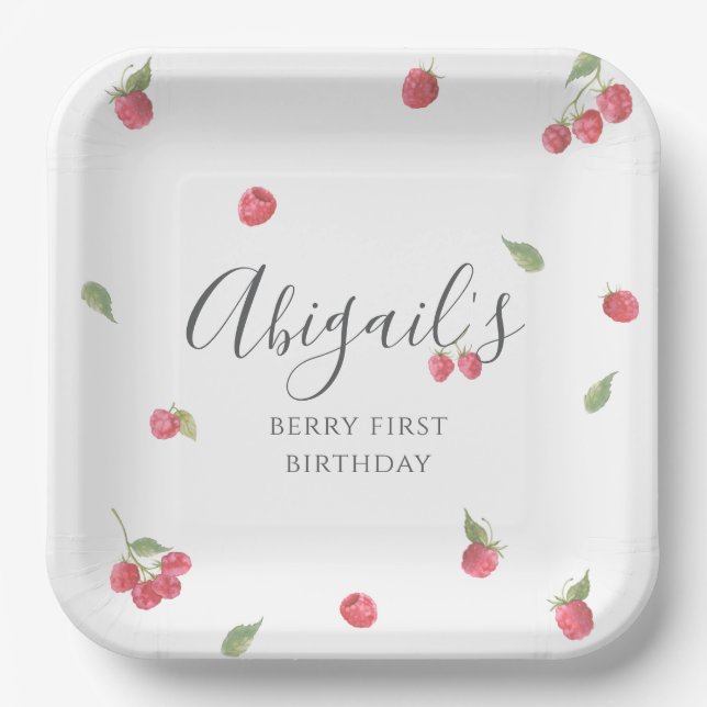 Raspberry Sweet Berry First Birthday Party Paper Plates (Front)
