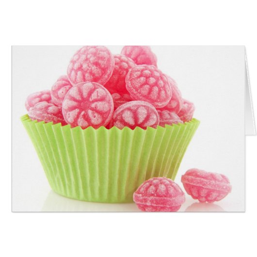 Raspberry tasty candy sweets in green cup cake cards (Front Horizontal)