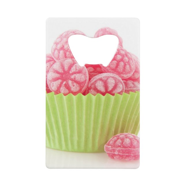 Raspberry tasty candy sweets in green cup cake credit card bottle opener (Front)