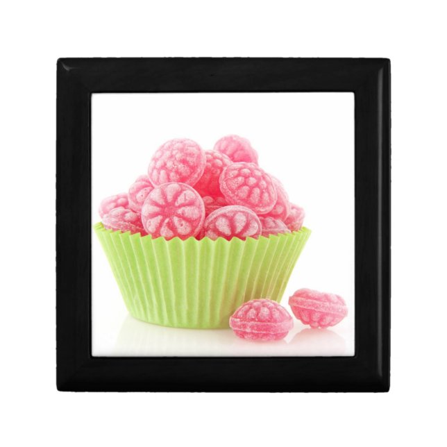 Raspberry tasty candy sweets in green cup cake jewelry box (Front)