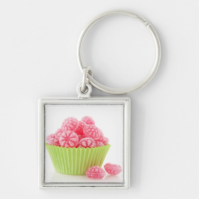 Raspberry tasty candy sweets in green cup cake keychain (Front)