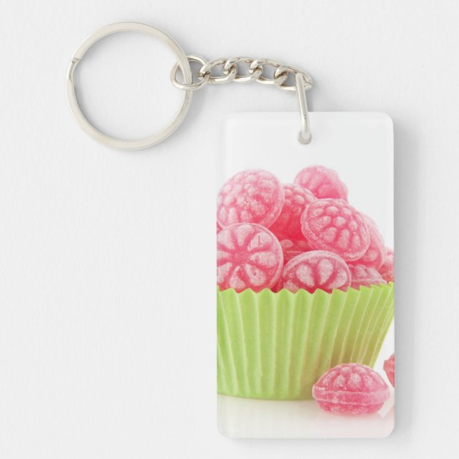 Raspberry tasty candy sweets in green cup cake keychain (Front)