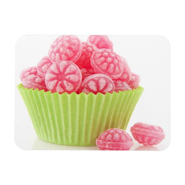Raspberry tasty candy sweets in green cup cake magnet (Horizontal)