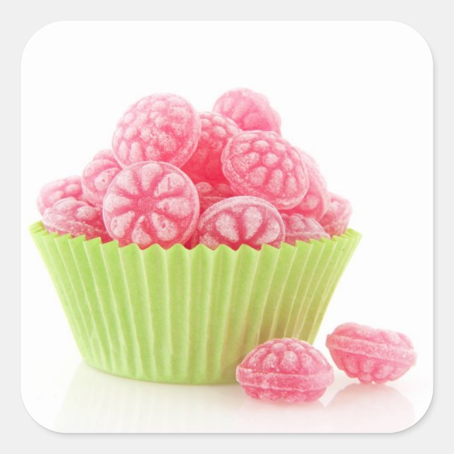 Raspberry tasty candy sweets in green cup cake square sticker (Front)
